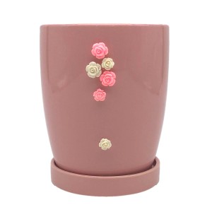 フラワーポット コップ型 立体的なバラの花装飾 ガーリー風 受け皿付き 陶器製 (ピンク)