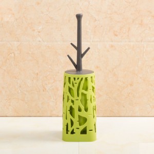 トイレブラシ 透かし模様スタンド付き 木の枝風の持ち手 プラスチック製 (グリーン)