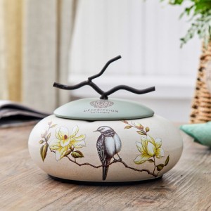 灰皿 円形 フラワープリント 立体的な小枝付きの蓋 ヨーロピアン風 陶器製 (鳥)