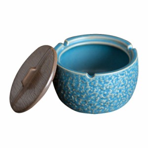 灰皿 和モダン 丸い木製風蓋付き アンティーク風 陶器製 (青)