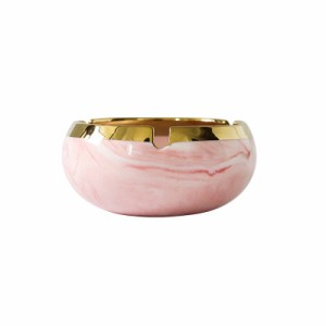 灰皿 円形 マーブル模様 ゴールドの縁取り 陶器製 (ピンク)