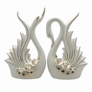 置物 白鳥のカップル ローズの装飾 ヨーロピアン風 陶器製 2体セット (ホワイト)