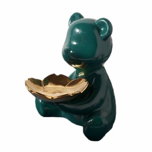 置物 小物入れ お座りクマさん フラワーモチーフのトレイ付き スタイリッシュ 陶器製 (グリーン)