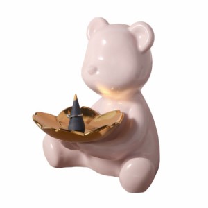 【お取り寄せ】置物 小物入れ お座りクマさん フラワーモチーフのトレイ付き スタイリッシュ 陶器製 (ピンク)