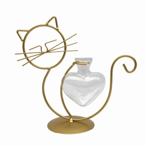 フラワーベース ネコのワイヤースタンド ガラスの容器 (ゴールド, Bタイプ)