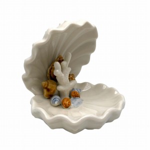 小物入れ 置物 開いた二枚貝 サンゴ 貝殻 陶器製 (ホワイト)