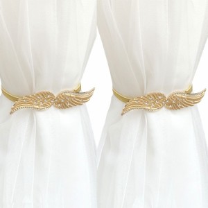 カーテンタッセル 天使の羽根モチーフ ラインストーン装飾 スプリング式バンド 2個セット