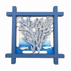 壁掛けオブジェ マリン風デザイン 爽やか ライトブルーの木枠 (サンゴ)