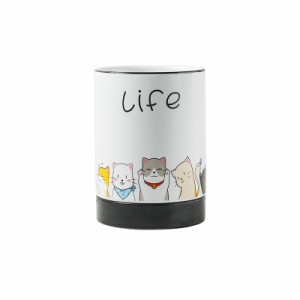 箸立て ネコのイラスト Life 水受け皿付き 陶器製 (ホワイト)