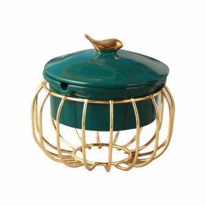 灰皿 鳥の装飾つきの蓋 円形 ワイヤーバスケット風スタンド付き スタイリッシュ (グリーン)