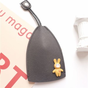 キーケース 袋型 レザー風 ウサギの装飾つき シンプル (ブラック)