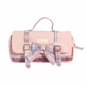 ペンケース バッグ型 チェック柄 リボン装飾 大容量 (ピンク)