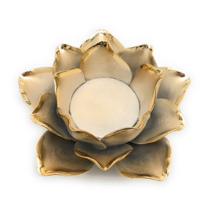 キャンドルホルダー 蓮の花 メタリックカラー 陶器製 (ゴールド)