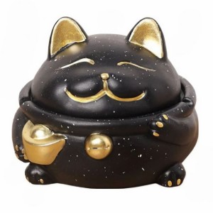 灰皿 金色の器を持ったネコ コロンとした体型 スマイル 蓋付き (黒)