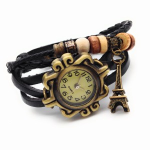 腕時計 アンティーク風 エッフェル塔 3種ベルト レザー (ブラック)