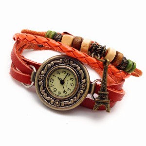 腕時計 アンティーク風 エッフェル塔 3種ベルト レザー (オレンジブラウン)