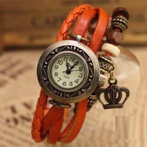 腕時計 アンティーク風 王冠 3種ベルト レザー (オレンジブラウン)
