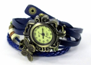 腕時計 アンティーク風 バタフライ 3種ベルト レザー (ブルー)