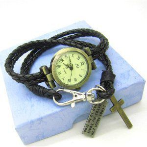 腕時計 アンティーク風 十字架 巻きつけタイプ (ブラック)