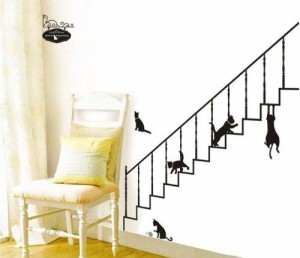 ウォールステッカー おしゃれ 階段で遊ぶ黒ネコ