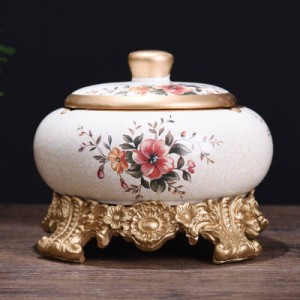 灰皿 ヨーロピアン風 花柄 台座 蓋付き 陶器製 (Bタイプ)