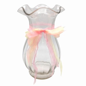 フラワーベース 花瓶 レトロ風 単色クリア ガラス製 リボン付き (特大サイズ, 無色)