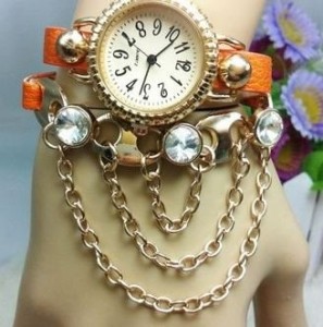 腕時計 ダイヤ風装飾 ジャラジャラチェーン付き ブレスレット風 (オレンジ)