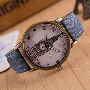腕時計 アンティーク風 ビッグベンのイラスト (デニムブルー)