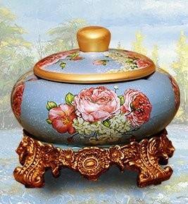 灰皿 ヨーロピアン風 花柄 台座 蓋付き 陶器製 (Lタイプ)