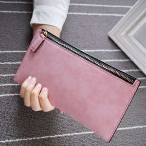 長財布 超薄型 シンプルカラー アンティークレザー風 (ピンク)