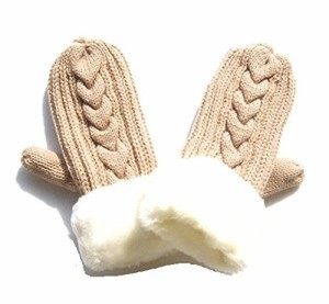 手袋 ミトン シンプル ざっくり編み 白色ファー付き (ベージュ)
