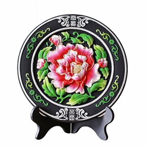 置物 飾り皿風 牡丹の花 デザイン 中国的 スタンド付き (レッド)