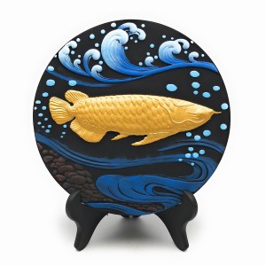 置物 飾り皿風 金色の魚 デザイン 中国的 スタンド付き