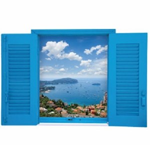 ウォールステッカー 青い出窓風 爽やか 美しい空と海の見える風景