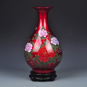 置物 花瓶 鮮やかな色合い 牡丹の花デザイン 骨董風 陶磁器製 (レッド, Cタイプ)