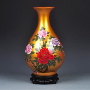 置物 花瓶 鮮やかな色合い 牡丹の花デザイン 骨董風 陶磁器製 (イエロー, Cタイプ)