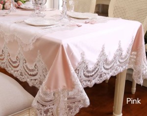 テーブルクロス プリンセス風 透かし模様 レース付き サテン生地 ピンク (長方形A 130×180cm)