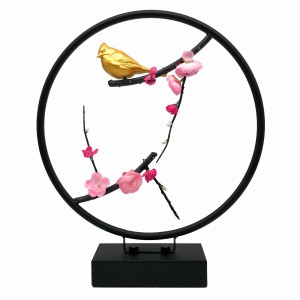 置物 梅の枝にとまる金色の小鳥 リングモチーフ 和モダン (ピンク, Aタイプ)