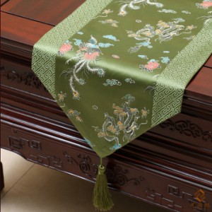テーブルランナー 鳳凰デザイン 中国風 光沢のある色合い タッセル付き (グリーン)