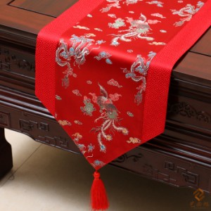 テーブルランナー 鳳凰デザイン 中国風 光沢のある色合い タッセル付き (レッド)