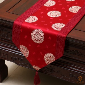 テーブルランナー 中国伝統文様 縁起の良い柄 光沢のある色合い タッセル付き (レッド)