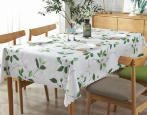 テーブルクロス 白い花と葉デザイン なみ縁取り PVC製 防水防油加工 (長方形B 130×180cm)