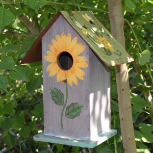 ガーデンオブジェ バードハウス 巣箱 お花と昆虫のペイント ブリキの屋根 (イエロー)