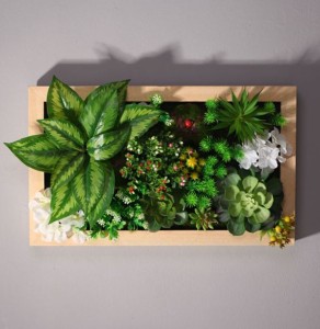 壁掛けオブジェ フェイクグリーン リアルな多肉植物と花 木製の額装 角型 (大サイズ×Bタイプ)
