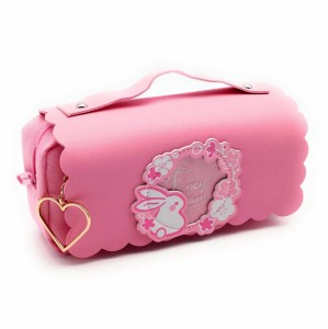 ペンケース ウサギ 花 ハートのチャーム バッグ風 持ち手付き パステルカラー 大容量 (ピンク)