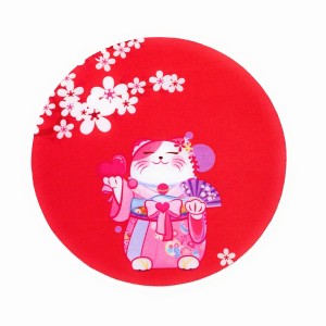 マウスパッド 着物を着たネコ 招き猫風 桜 円型 レッド