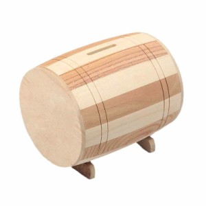 貯金箱 置物 ボーダー柄の丸太風 樽型 木製