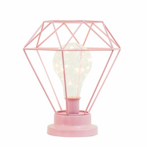 置物 デコレーションライト LED 電球風 ワイヤー製のダイヤ型カバー 電池式 (ピンク)