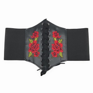 サッシュベルト 薔薇の刺繍 ゴム 幅広 編み上げ セクシー系