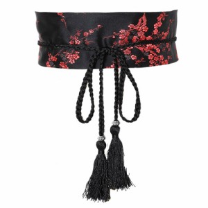サッシュベルト 梅の花 刺繍 着物風 和柄 帯締め風の飾り紐 タッセルつき  (レッド)